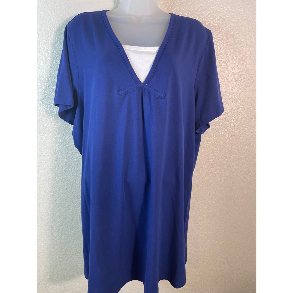 Denim & Co Womens 2X Top Royal Blue Layered V Neck Short Sleeve Tunic Casual